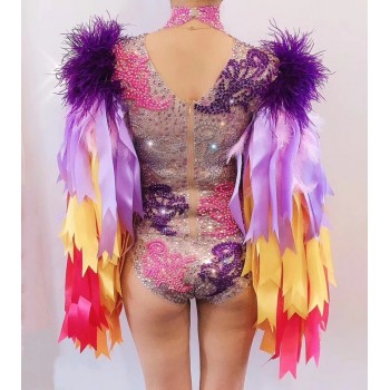 Colourful Feather Sleeve Rhinestone Bodysuit Women Nightclub Bar Party Outfit Performance Dance Costume